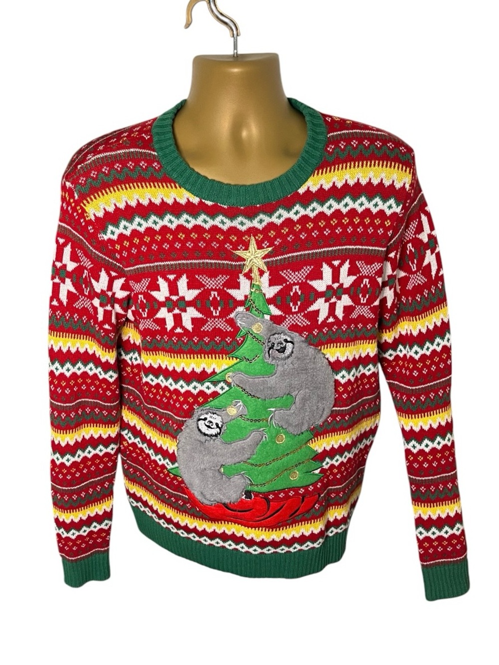 Blizzard Bay Fair Isle Christmas Sweater Sloth Applique Sequin Red Green S